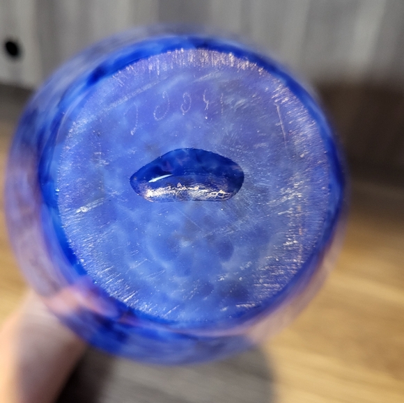 Hand Blown Glass Vase Vibrant Blue White Speckled Yellow Brim Art Glass - Picture 11 of 13